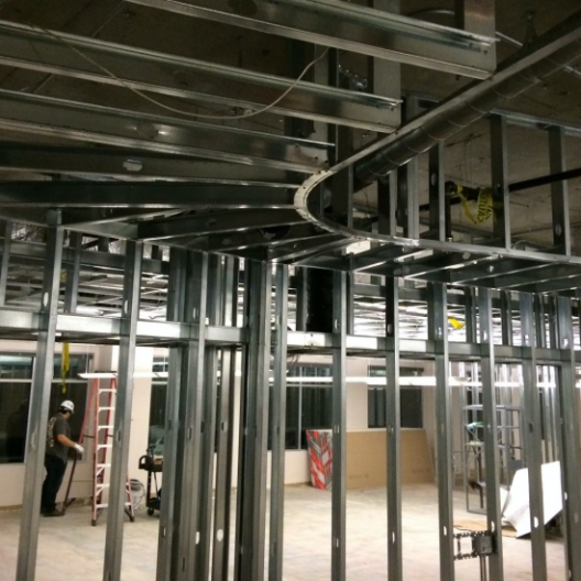 Metal framework in an interior construction site